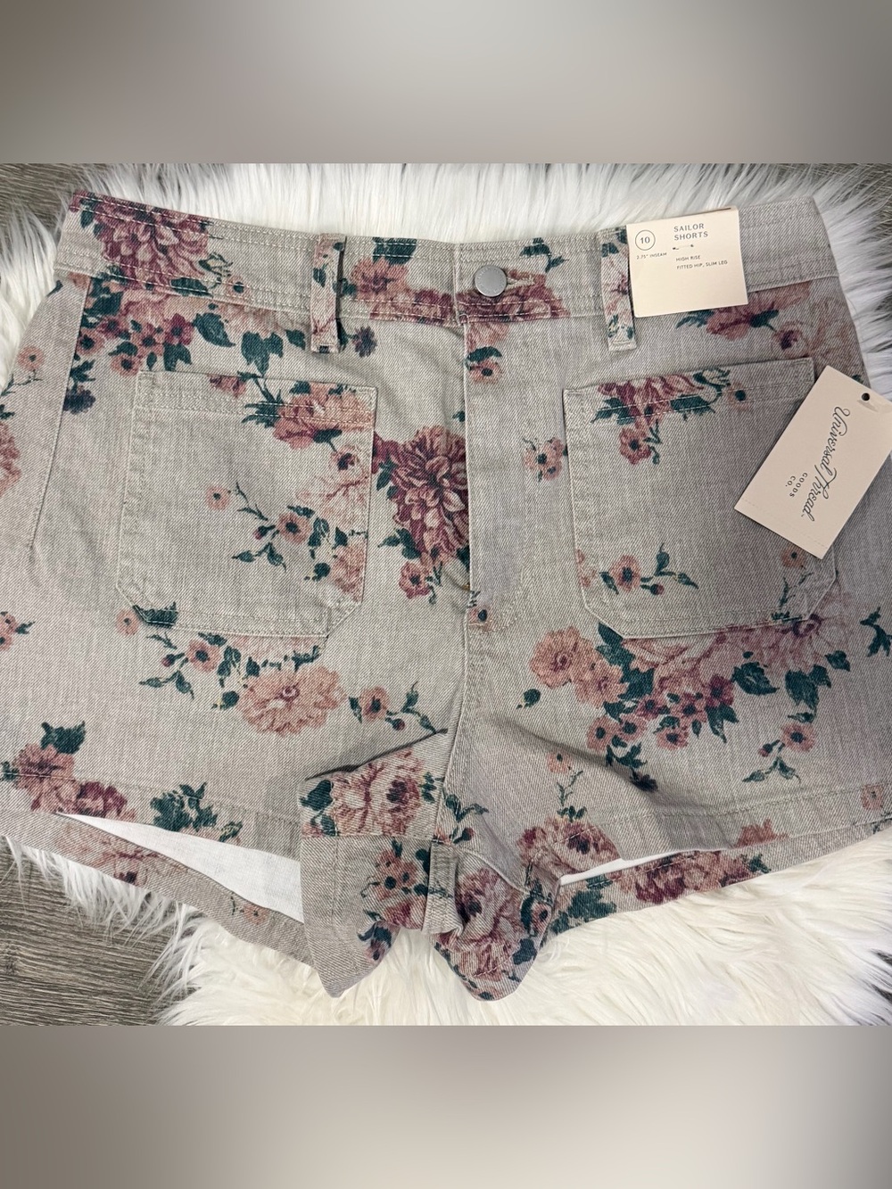 Universal Thread Floral High-Rise Jean Shorts in Mauve and Teal